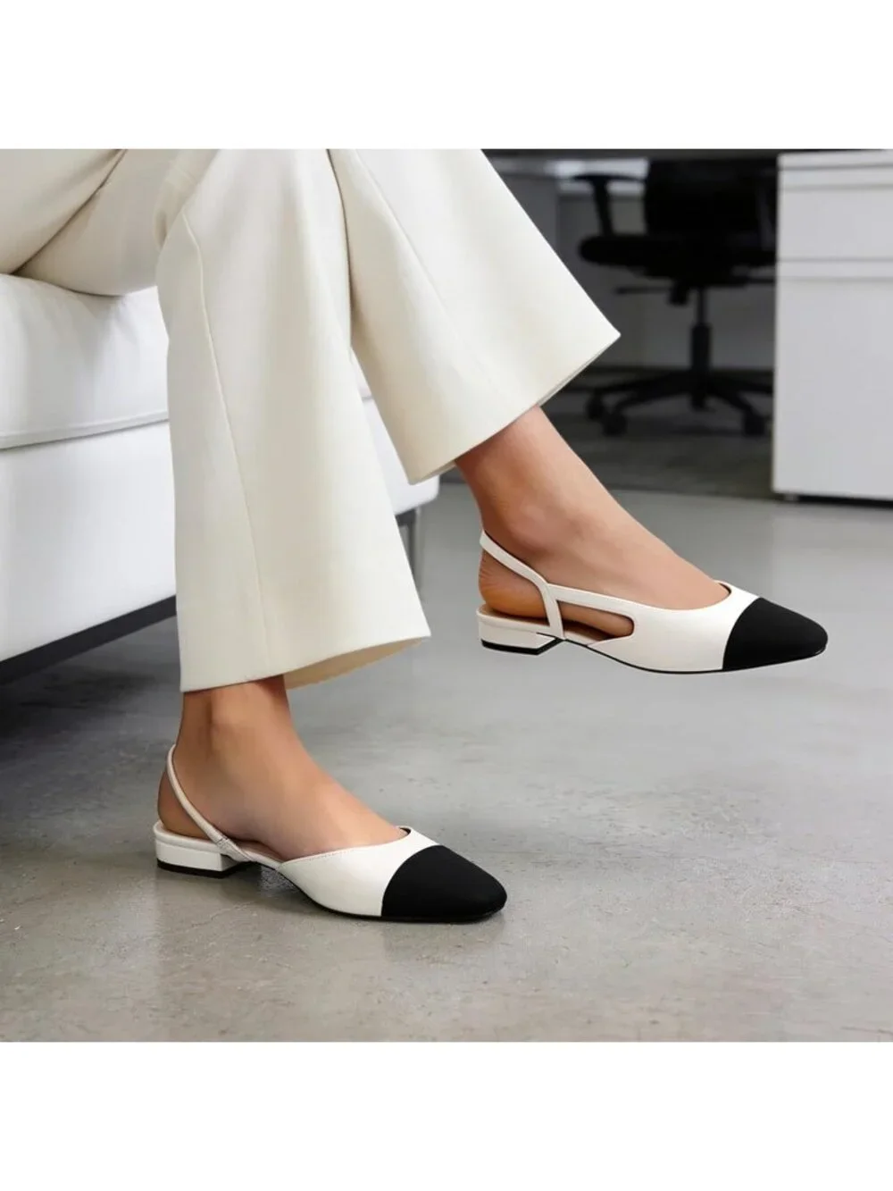 Women's White Faux Leather Slingback Square Toe Ballet Dressy Flat Low Heel Shoe